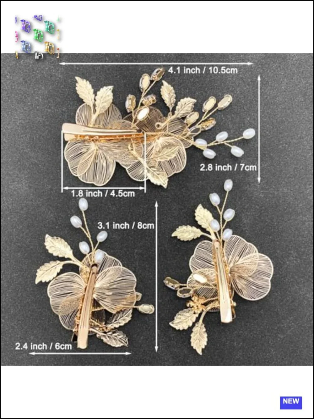 Gold Floral Hair Clips Crystal Pearl Metal for Wedding (3 Pack)